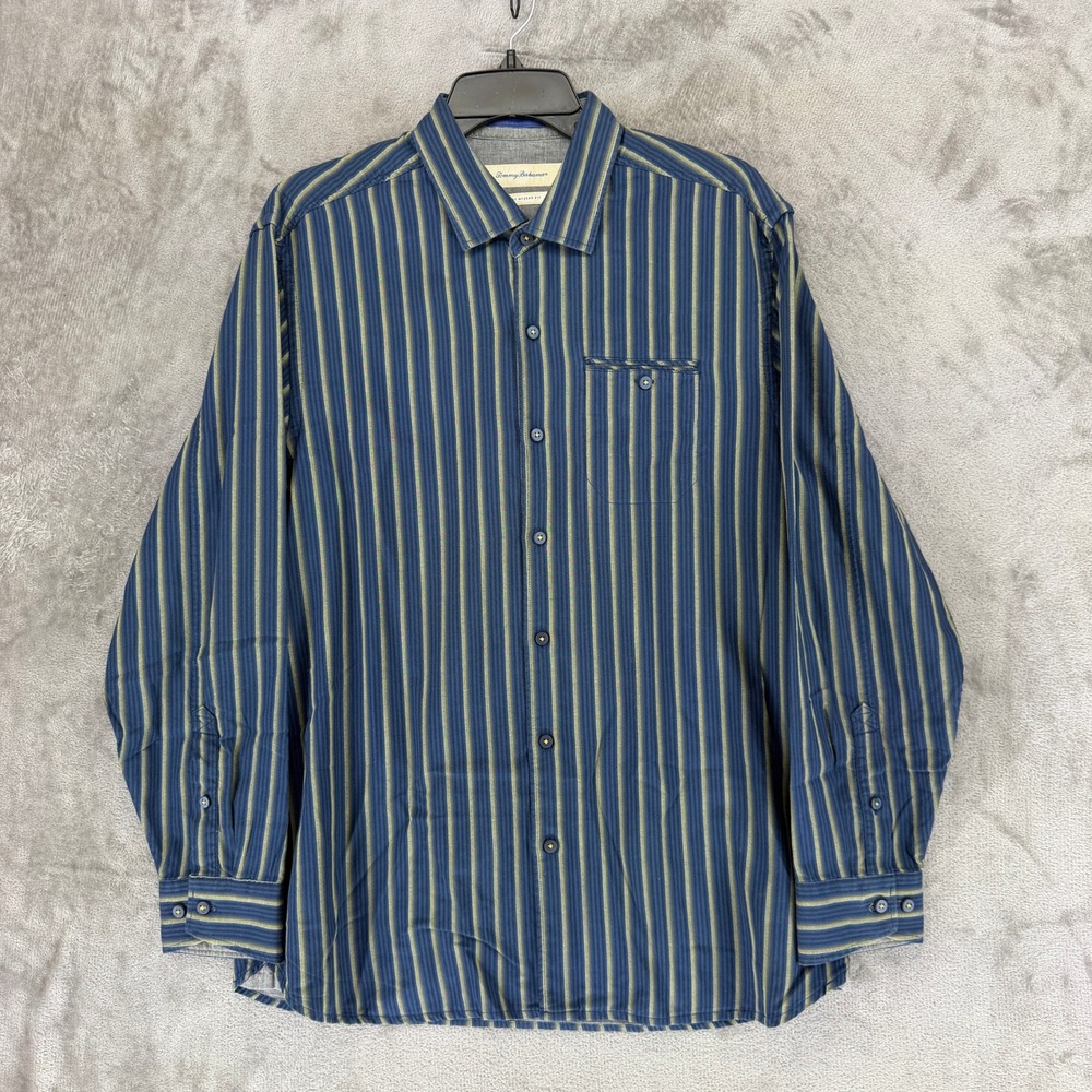 Tommy Bahama Shirt Mens Medium Blue Stripe Island Modern Fit Cotton Silk 24618